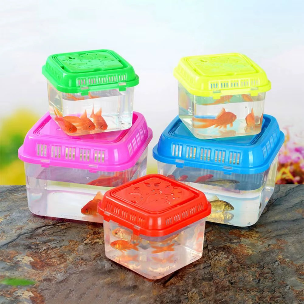 Plastic Portable Fish Tank Transparent Handheld Hamster Carrier Cage with Handle Random Color Mini Fish Bowl