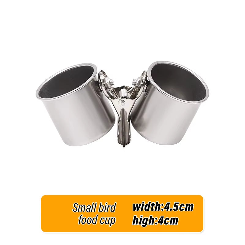 Bird Feeding Double Cups with Clip Stainless Steel Bird Feeder Box Parrot Cage Stand Feeder Cups Bowls for Food Water Feeding
