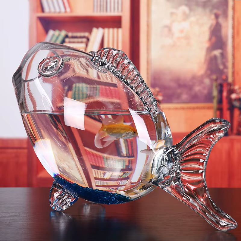 Fish Glass Bowl Clear Transparent Glass Fish-Shaped Aquarium Fish Tank Glass Home Living Room Office Decoration Craft Ornaments