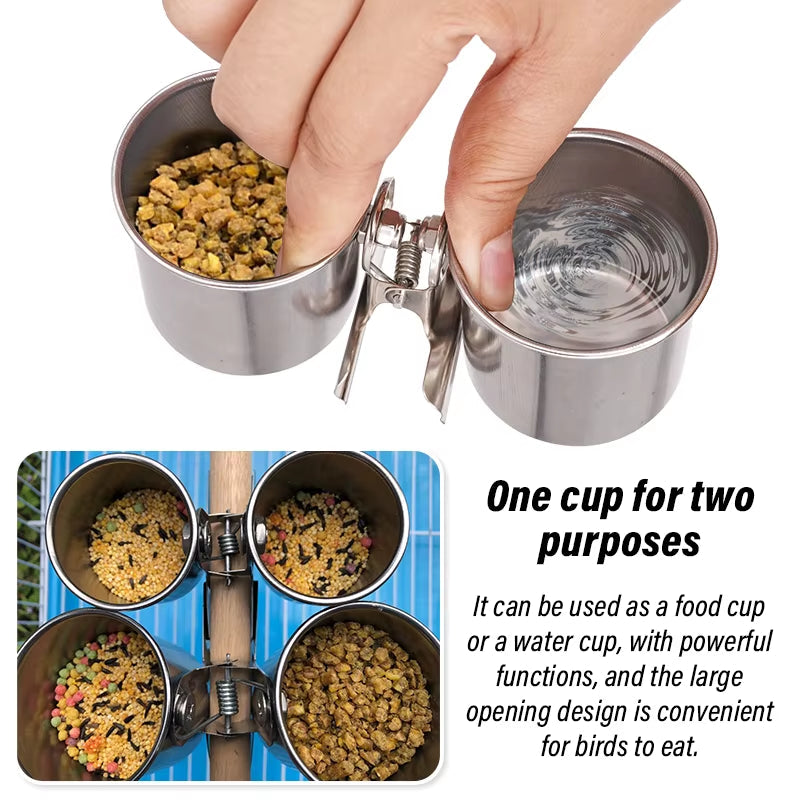 Bird Feeding Double Cups with Clip Stainless Steel Bird Feeder Box Parrot Cage Stand Feeder Cups Bowls for Food Water Feeding