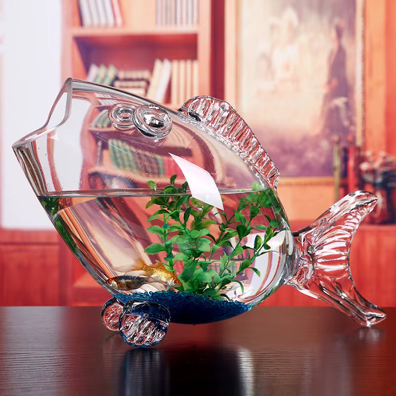 Fish Glass Bowl Clear Transparent Glass Fish-Shaped Aquarium Fish Tank Glass Home Living Room Office Decoration Craft Ornaments