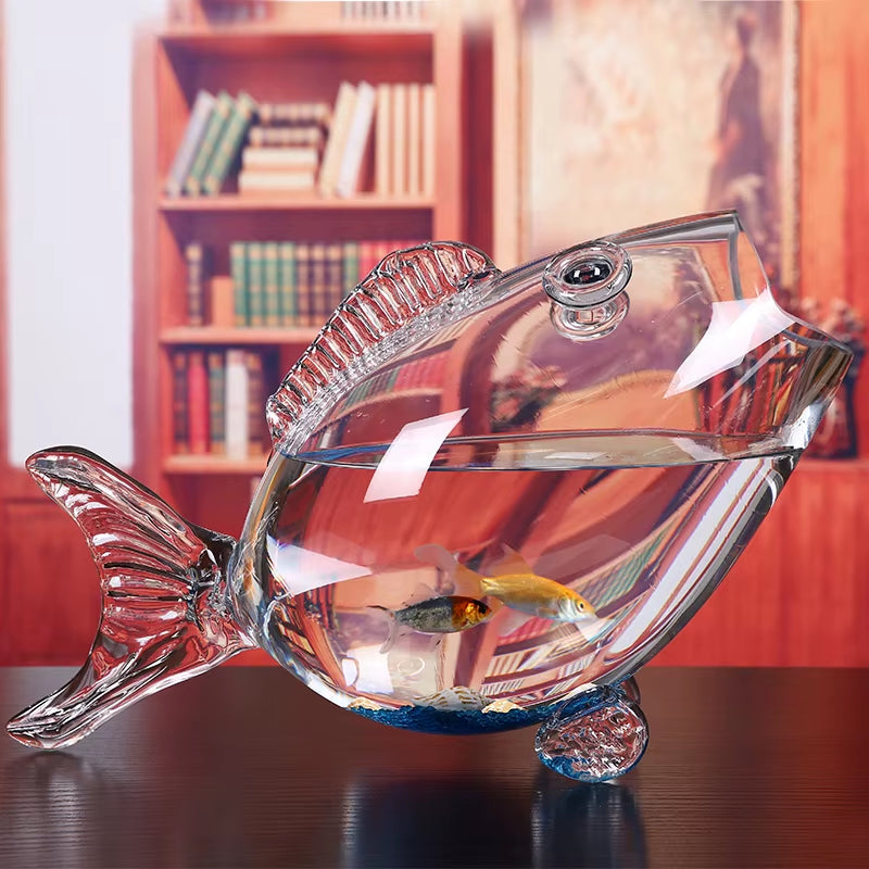 Fish Glass Bowl Clear Transparent Glass Fish-Shaped Aquarium Fish Tank Glass Home Living Room Office Decoration Craft Ornaments