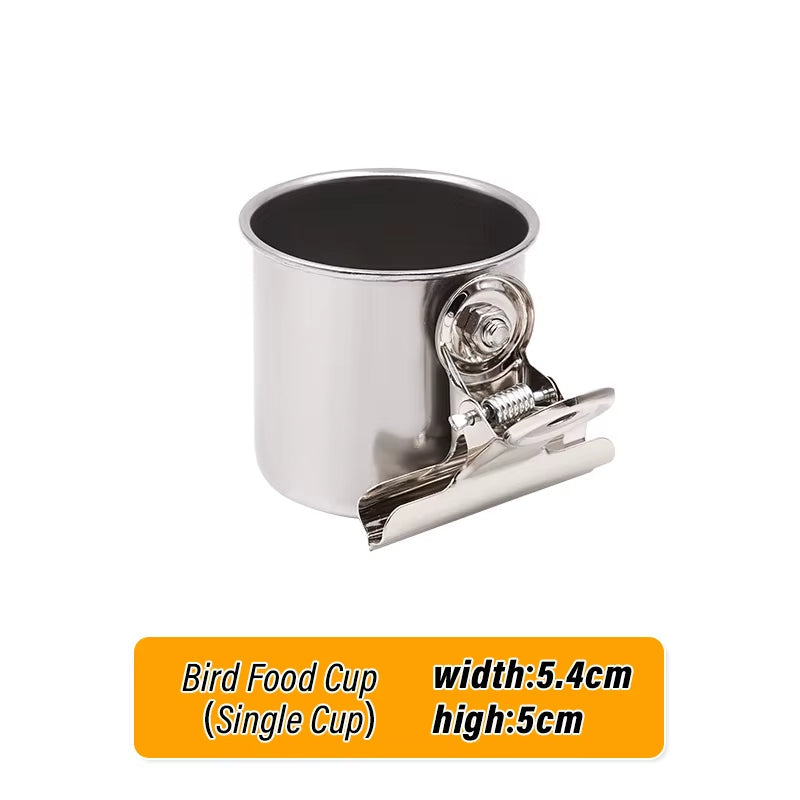 Bird Feeding Double Cups with Clip Stainless Steel Bird Feeder Box Parrot Cage Stand Feeder Cups Bowls for Food Water Feeding