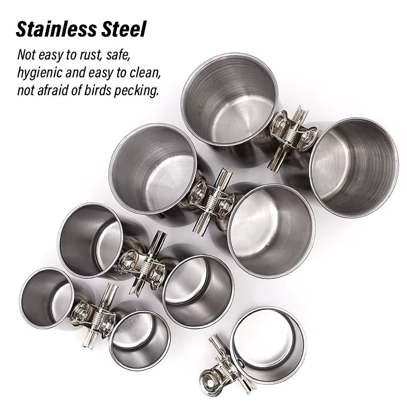 Bird Feeding Double Cups with Clip Stainless Steel Bird Feeder Box Parrot Cage Stand Feeder Cups Bowls for Food Water Feeding