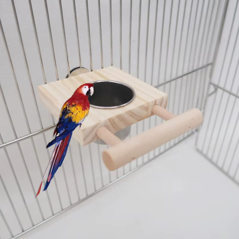 Bird Feeding Cup Cage Hanging Parrot Feeder Stainless Steel Food Water Bowls with Platform Perch for African Greys Budgies