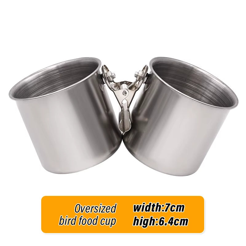 Bird Feeding Double Cups with Clip Stainless Steel Bird Feeder Box Parrot Cage Stand Feeder Cups Bowls for Food Water Feeding