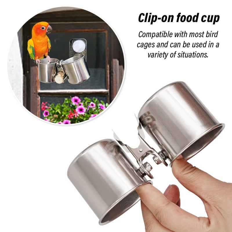 Bird Feeding Double Cups with Clip Stainless Steel Bird Feeder Box Parrot Cage Stand Feeder Cups Bowls for Food Water Feeding