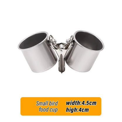 Bird Feeding Double Cups with Clip Stainless Steel Bird Feeder Box Parrot Cage Stand Feeder Cups Bowls for Food Water Feeding