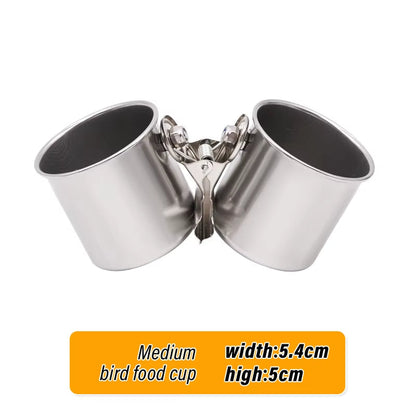 Bird Feeding Double Cups with Clip Stainless Steel Bird Feeder Box Parrot Cage Stand Feeder Cups Bowls for Food Water Feeding