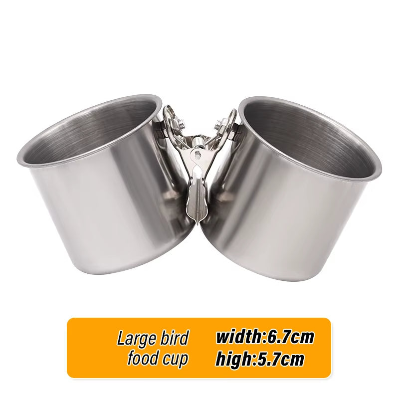 Bird Feeding Double Cups with Clip Stainless Steel Bird Feeder Box Parrot Cage Stand Feeder Cups Bowls for Food Water Feeding