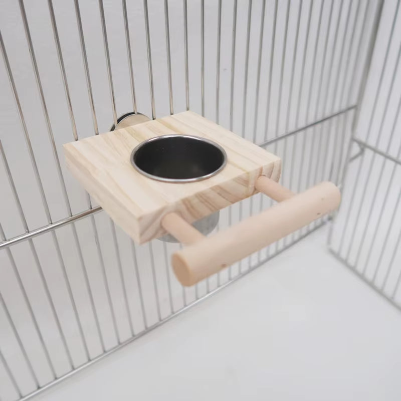 Bird Feeding Cup Cage Hanging Parrot Feeder Stainless Steel Food Water Bowls with Platform Perch for African Greys Budgies